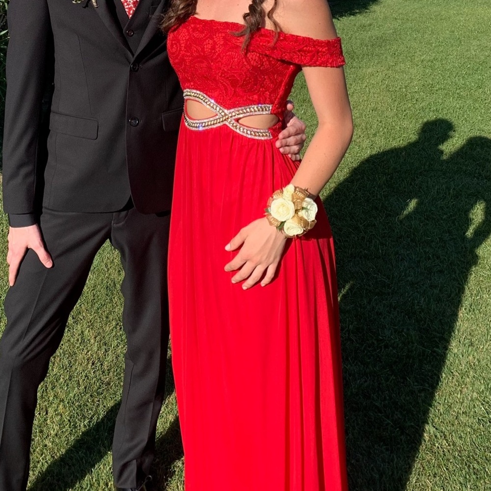 macy’s red formal prom dress off the shoulder